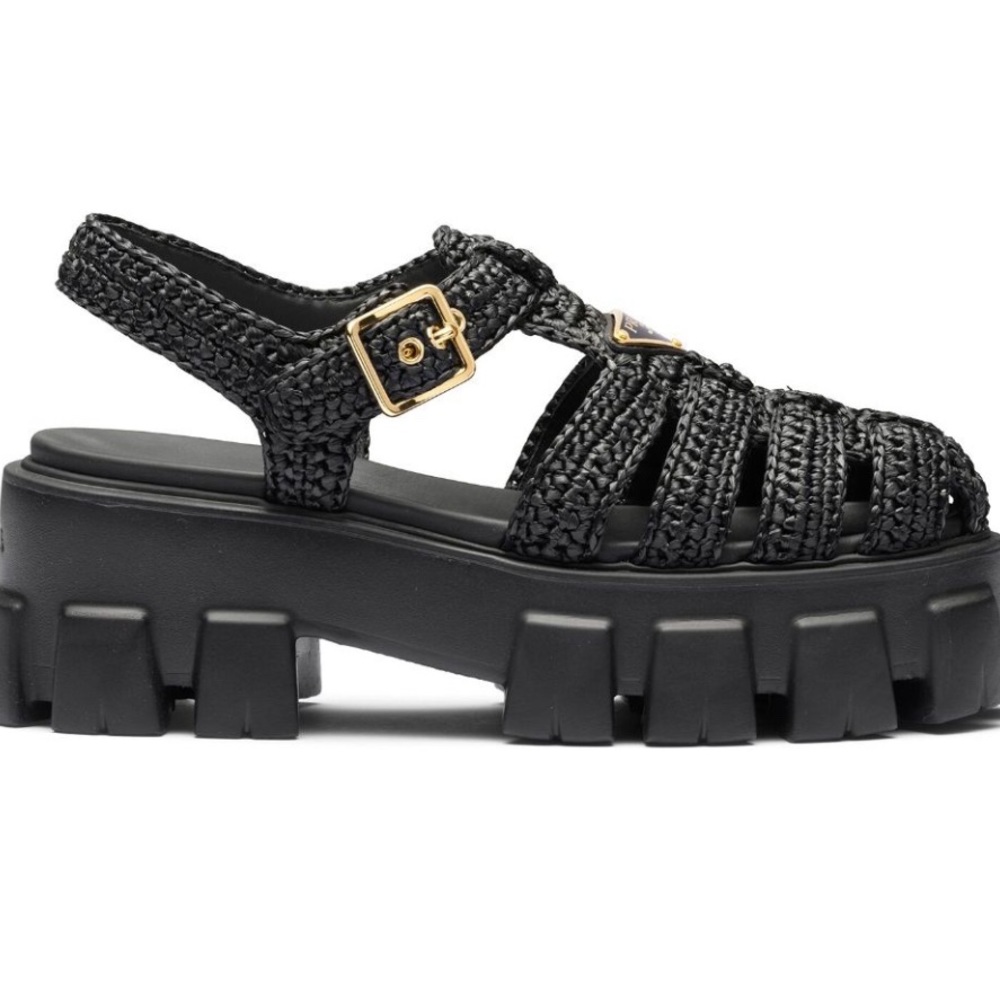 Prada Monolith caged sandal in black Rafia size 40